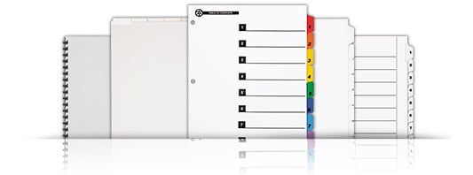 A display of five assorted index tab dividers such as printable copier tabs, custom index tabs, preprinted index dividers.
