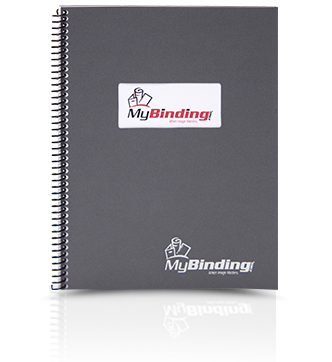 Spiral coil bound document with gray binding cover w/ window that shows off the MyBinding brand logo.