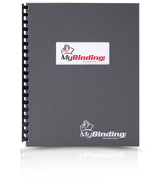Plastic comb bound document with gray binding cover w/ window that shows off the MyBinding brand logo.