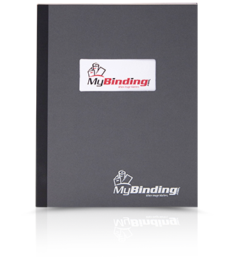 Fastback tape bound document with gray binding cover w/ window that shows off the MyBinding brand logo.