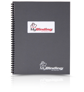 GBC Proclick bound document with gray binding cover w/ window that shows off the MyBinding brand logo.