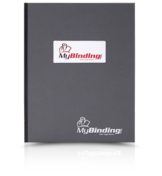 GBC Velobind bound document with gray binding cover w/ window that shows off the MyBinding brand logo.