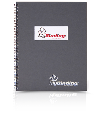 Twin-loop wire bound document with gray binding cover w/ window that shows off the MyBinding brand logo.