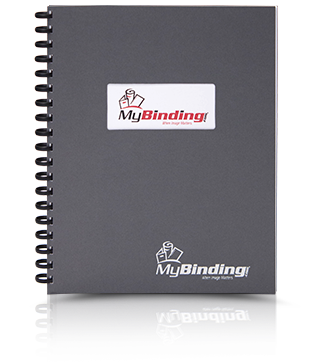 ZipBind bound document with gray binding cover w/ window that shows off the MyBinding brand logo.