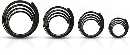 Four black spiral coils showing and emphasizing their difference in sizes