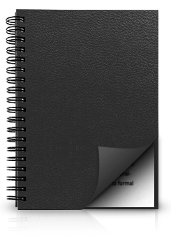 Black leatherette style binding cover on a spiral bound notebook.