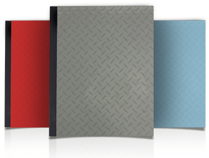 Three crystal embossed poly covers in blue and smoke and red. 