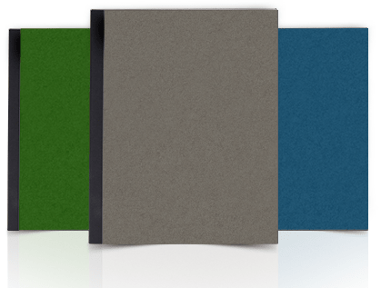 Green, gray, and blue sand poly binding covers.